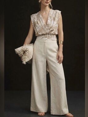 Anthropologie Beige Cream Geometric Wrap Crop Blouse